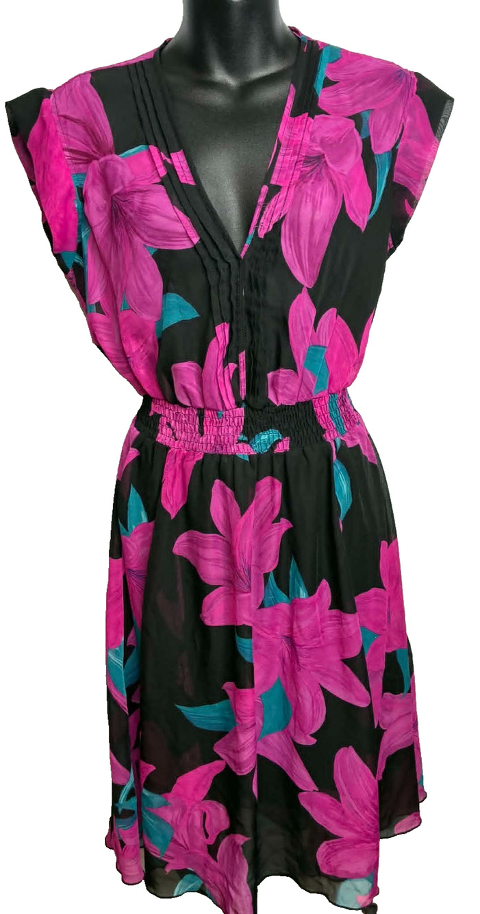 Kate and Lily Black Floral Dress Women's 8 V-neck Short Sleeve Lined